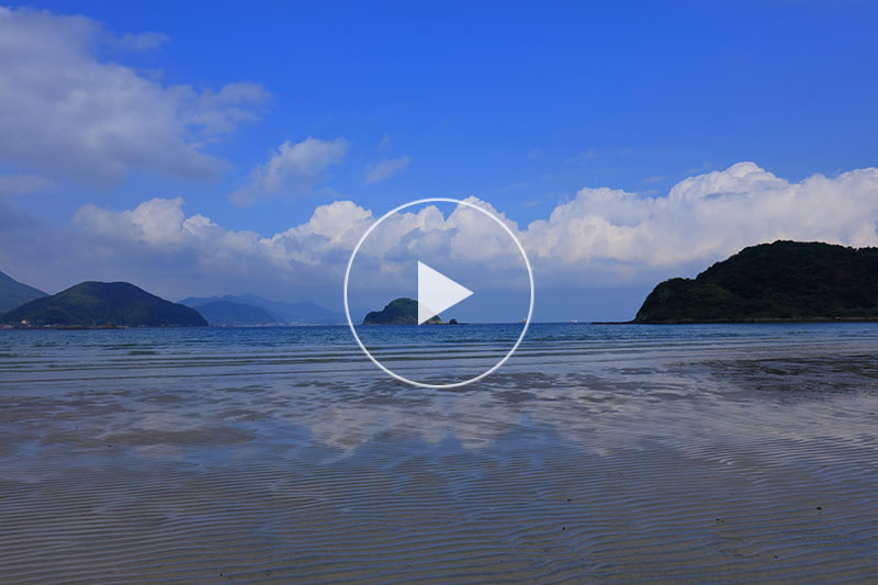 遠浅の白い砂浜と蒼い海